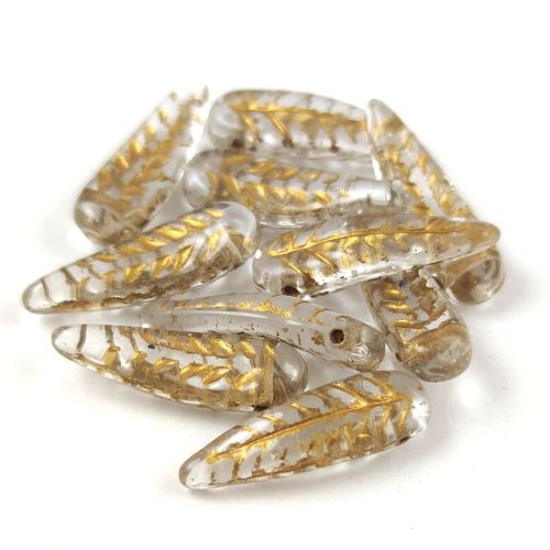 Special Shapes - Czech Glass Bead - Feather- Crystal Gold - 5x17mm