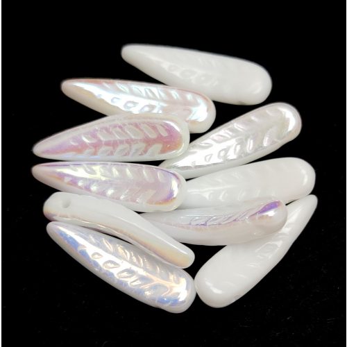 Special Shapes - Czech Glass Bead - Feather - Alabaster AB - 5x17mm