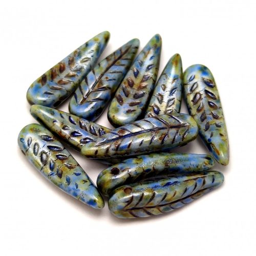 Special Shapes - Czech Glass Bead - Fern - Alabaster Brown Blue Luster - 5x17mm