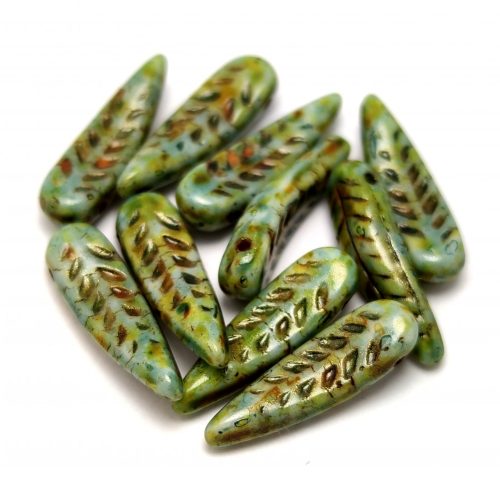 Special Shapes - Czech Glass Bead - Fern - Alabaster Brown Green Luster - 5x17mm