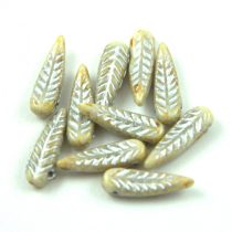   Special Shapes - Czech Glass Bead - Feather - Alabaster Picasso - 5x17mm