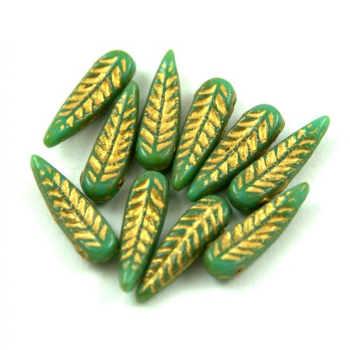 Special Shapes - Czech Glass Bead - Feather -  Turquoise Green Gold - 5x17mm