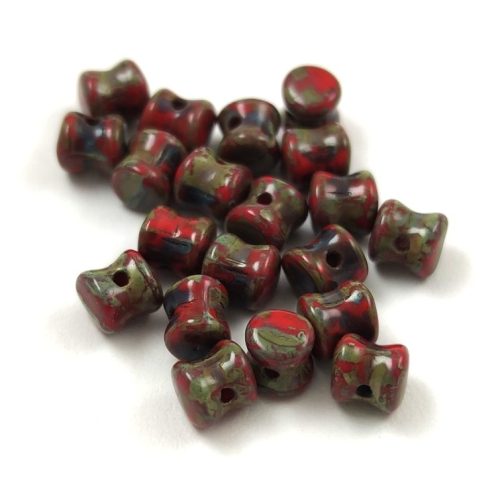 Pellet - Czech Glass Bead - telt piros travertin -4x6mm