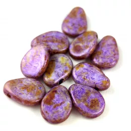   Petal - Czech Glass Bead - 8x11mm - Alabaster Brown Purple Luster