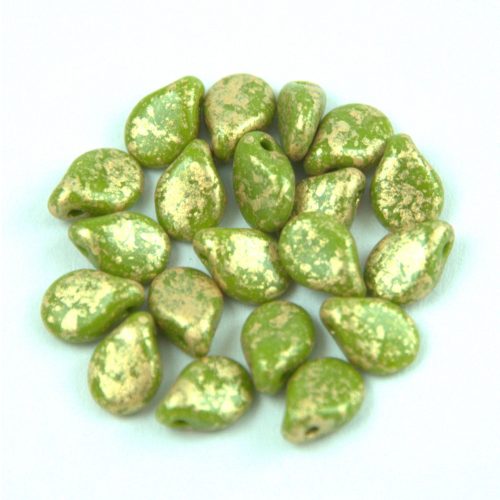Pip cseh préselt üveggyöngy - Green Pea Gold Patina - 5x7mm