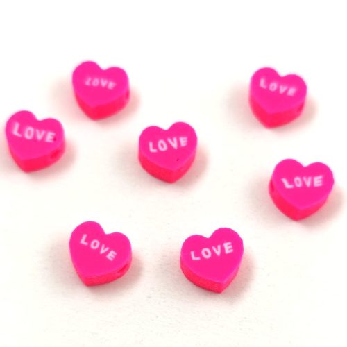 Polimer gyöngy - hosszában fúrt - Pink Love Heart - 9-12mm