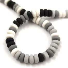   Polimer fánk gyöngy szálon - Black White Gray - 6.5 x 3 mm