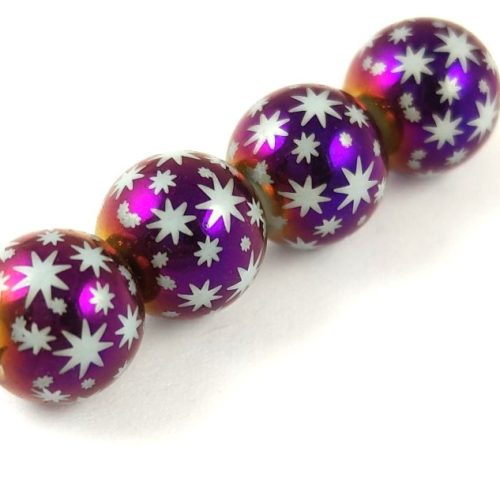 Pressed Round Glass Bead - Stars - Metallic Purple - 10mm