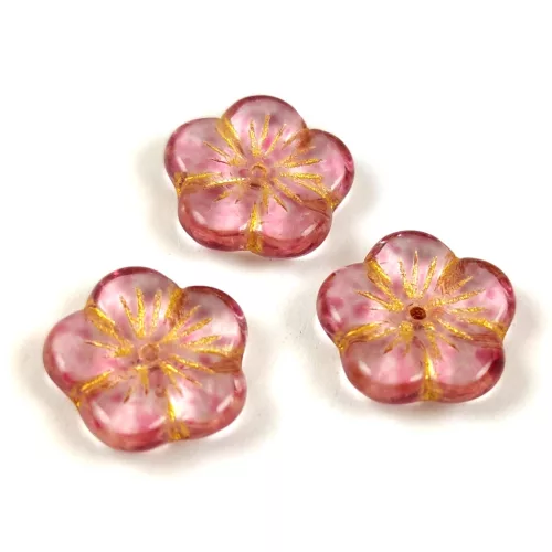 Cseh préselt virág gyöngy - Crystal Pink Gold - 14mm