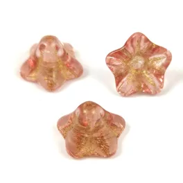   Czech pressed flower bead - bellflower - Crystal Gold Light Rose - 8x13mm