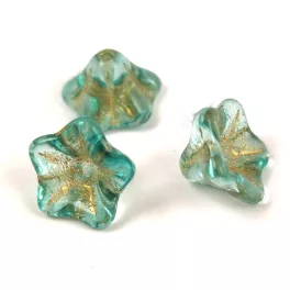   Czech pressed flower bead - bellflower - Crystal Gold Aqua - 8x13mm