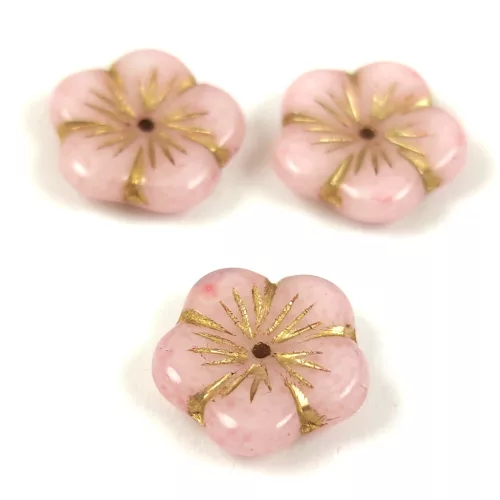 Cseh préselt virág gyöngy - Alabaster Pink Gold - 14mm