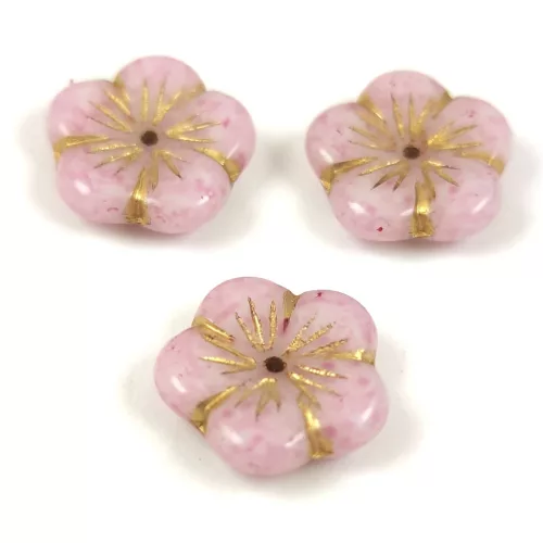 Cseh préselt virág gyöngy - Alabaster Light Amethyst Gold - 14mm