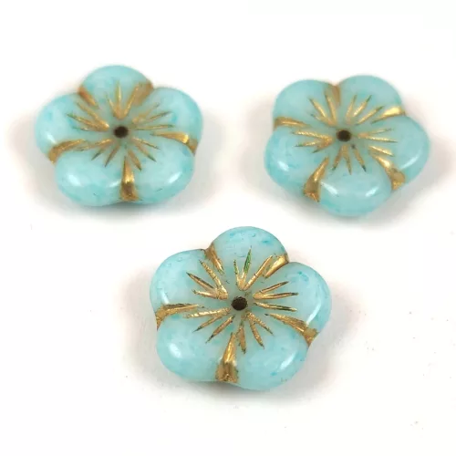Cseh préselt virág gyöngy - Alabaster Light Aqua Gold - 14mm