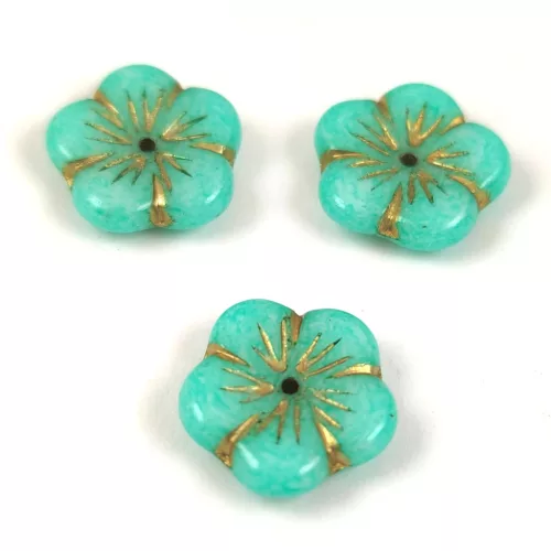 Cseh préselt virág gyöngy - Alabaster Turquoise Gold - 14mm