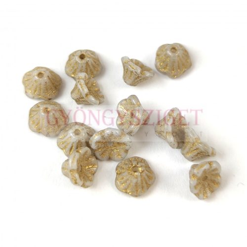 Czech pressed flower bead - bluebell - Alabaster Gold Luster - 7x5mm