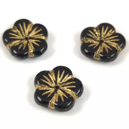 Czech pressed flower bead - Jet Gold - 14mm