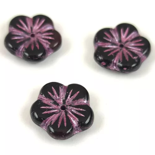 Czech pressed flower bead - Jet Violet - 14mm
