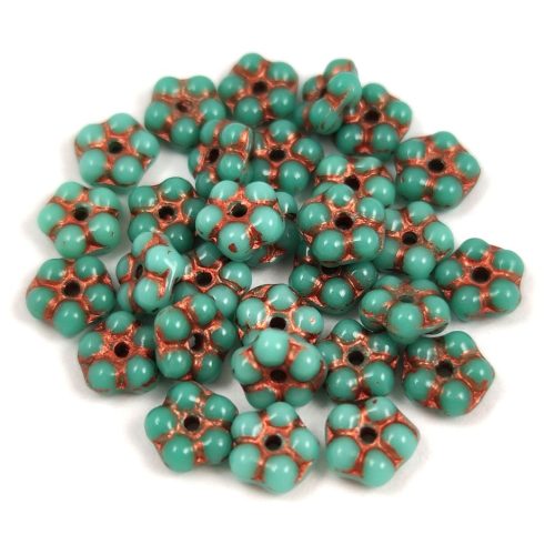 Czech pressed flower bead - Turquoise Green Copper - 5mm