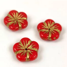 Czech pressed flower bead - Red Blend Gold - 14mm