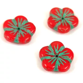 Czech pressed flower bead - Red Blend Green - 14mm
