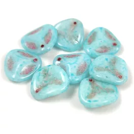   Rose Petal - Czech Glass Bead - Alabaster Milky Turquoise Fuchsia - 14x13mm