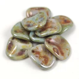   Rose Petal - Czech Glass Bead - Alabaster Green Brown - 14x13mm