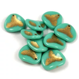   Rose Petal - Czech Glass Bead - Turquoise Green Gold - 14x13mm