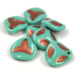   Rose Petal - Czech Glass Bead - Turquoise Green Copper - 14x13mm