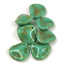   Rose Petal - Czech Glass Bead - Turquoise Green Travertine - 14x13mm