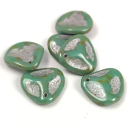   Rose Petal - Czech Glass Bead - Turquoise Green Travertine  Silver - 14x13mm