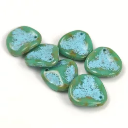   Rose Petal - Czech Glass Bead - Turquoise Green Travertine  Blue - 14x13mm