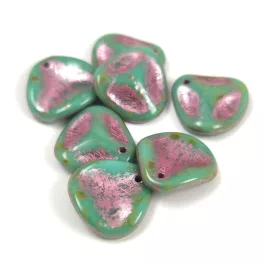   Rose Petal - Czech Glass Bead - Turquoise Green Travertine  Violet - 14x13mm