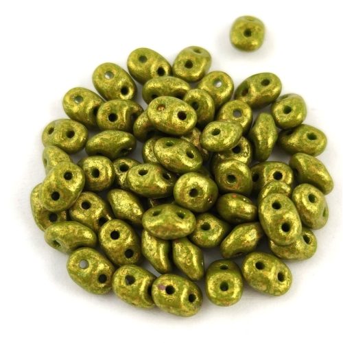 Superduo cseh préselt kétlyukú gyöngy - 2.5x5mm - Gold Marbled Green Pea