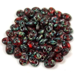   Superduo cseh préselt kétlyukú gyöngy - 2.5x5mm - Red Travertine