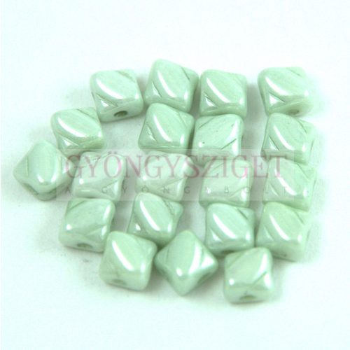 Silky Czech  2 Hole Glass Bead - White Light Green Luster - 5x5mm