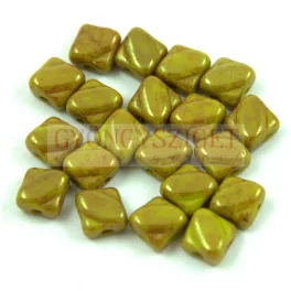   Silky Czech  2 Hole Glass Bead - Opaque Green Pea Gold Luster - 6x6mm