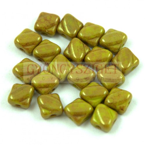 Silky Czech  2 Hole Glass Bead - Opaque Green Pea Gold Luster - 6x6mm