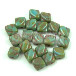   Silky Czech  2 Hole Glass Bead - Opaque Turquoise Blue Travertin - 6x6mm