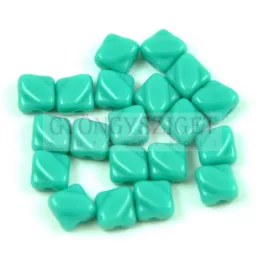   Silky Czech  2 Hole Glass Bead - Opaque Turquoise Green - 6x6mm