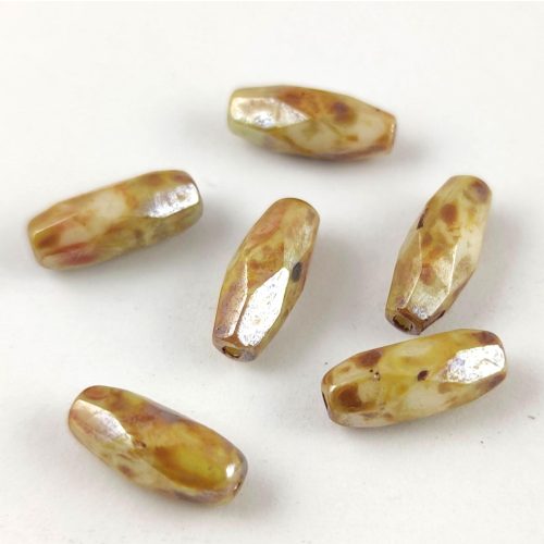 Spagetti - cseh csiszolt üveg gyöngy - Beige Brown Green Luster - 11x5mm