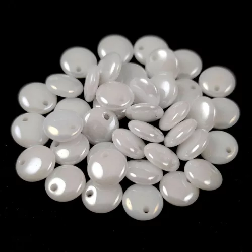 Lentil with Asymetrical Hole - Czech Glass Bead -  white luster -6mm