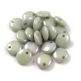   Lentil with Asymetrical Hole - Czech Glass Bead - Chalk White Green Luster - 6mm