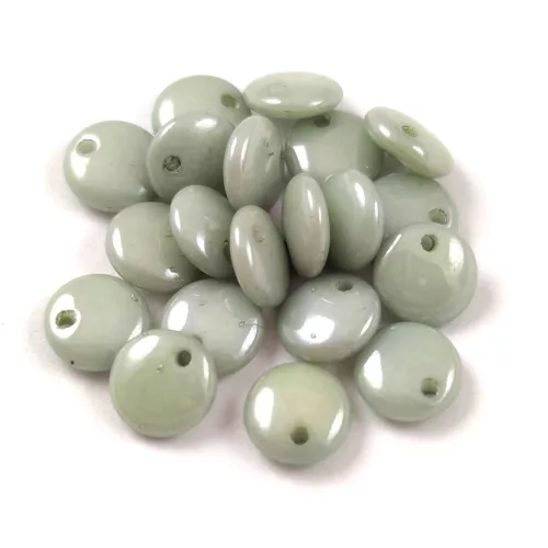 Lentil with Asymetrical Hole - Czech Glass Bead - Chalk White Green Luster - 6mm