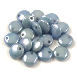   Lentil with Asymetrical Hole - Czech Glass Bead - Chalk White Blue Luster - 6mm