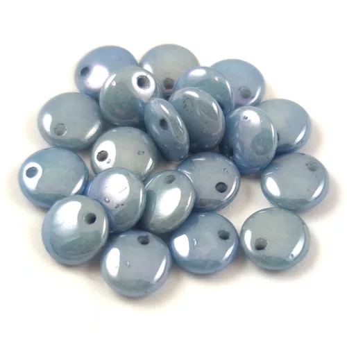 Lentil with Asymetrical Hole - Czech Glass Bead - Chalk White Blue Luster - 6mm