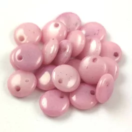   Lentil with Asymetrical Hole - Czech Glass Bead - Chalk White Pink Luster - 6mm