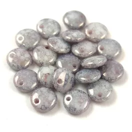   Lentil with Asymetrical Hole - Czech Glass Bead - Chalk White Gray Marble Luster - 6mm