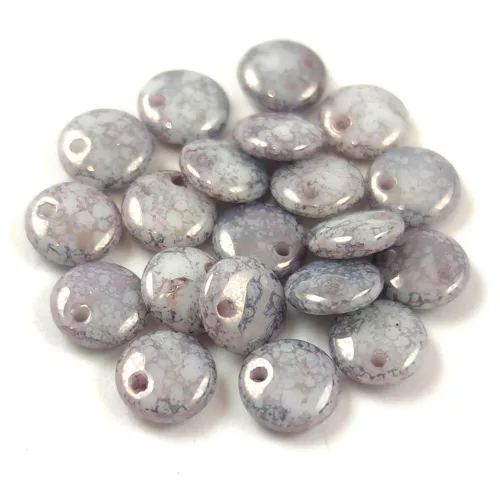 Lentil with Asymetrical Hole - Czech Glass Bead - Chalk White Gray Marble Luster - 6mm