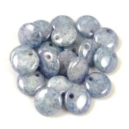   Lentil with Asymetrical Hole - Czech Glass Bead - Chalk White Blue Marble Luster - 6mm